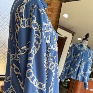 INC International Concepts Blue Chain-Print Button Blouse